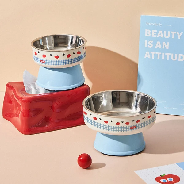 One piece of pet stainless steel high-foot bowl, colorful cartoon pattern single bowl, anti-black mouth, cervical vertebra prote